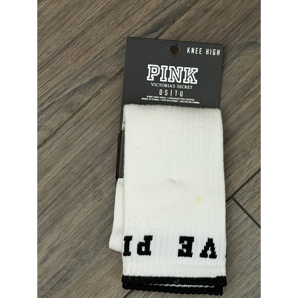 Victorias Secret PINK Knee High Socks White Black Scalloped Trim One Size OS